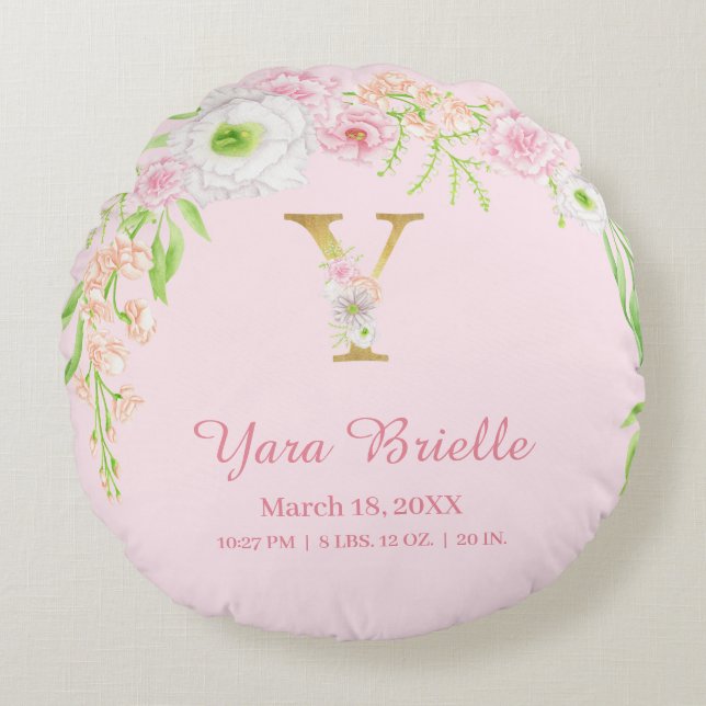 Elegant rosa guldmonogram "Y" statistik för babyfl Rund Kudde (Framsidan)