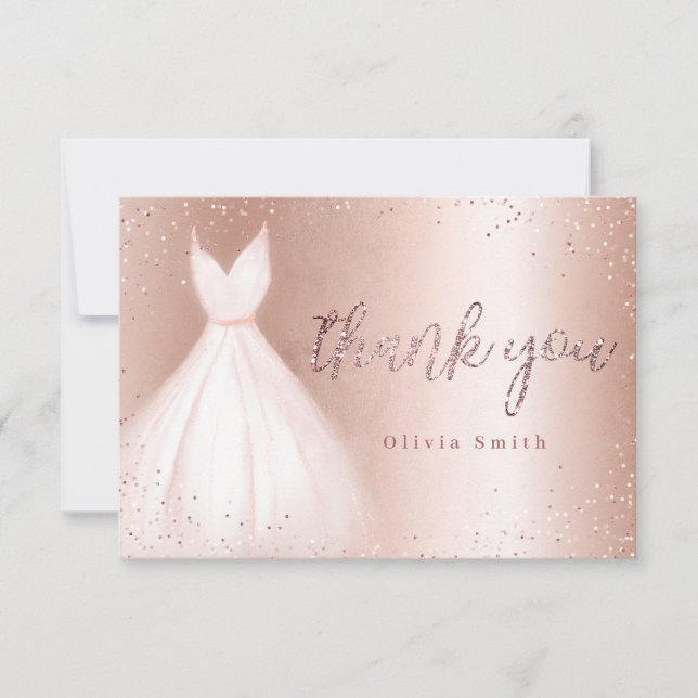 Elegant rosa guldskimrande rosa klänning quinceañe tack kort (Framsida)