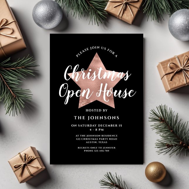 Elegant rosa guldstjärna jul öppen hus inbjudningar (Elegant Rose Gold Star Christmas Open House Invitation)