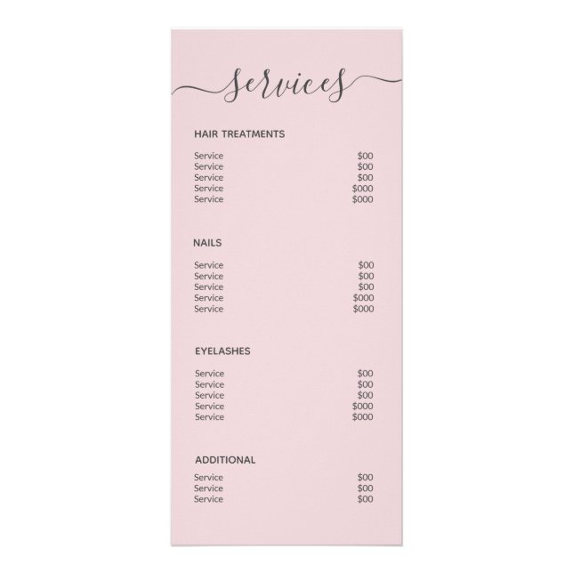 Elegant  Rosa Hair Salon Makeup Service Menu Reklamkort (Baksidan)
