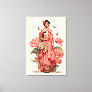 Elegant rosa hanbok och lotusblomma canvas konst