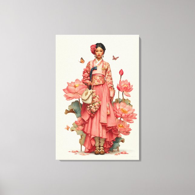 Elegant rosa hanbok och lotusblomma canvas konst (Framsida)
