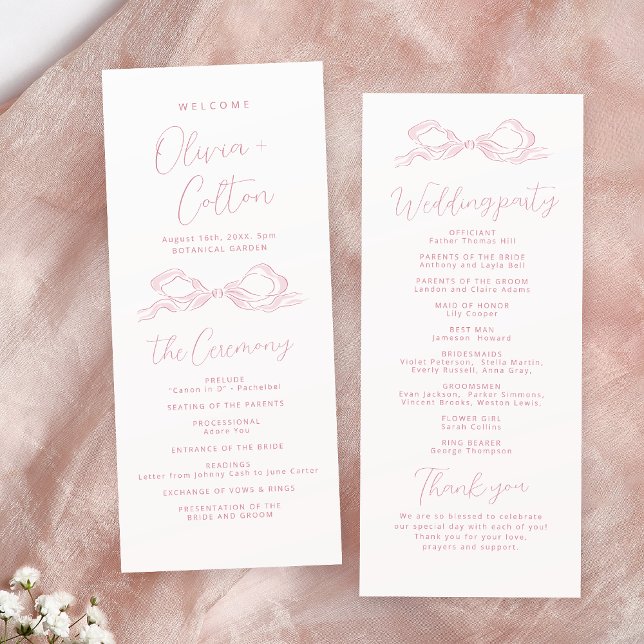 Elegant Rosa Hand plockade Bow Bröllopsprogram Program (Elegant Pink Hand Drawn Bow Wedding Program)