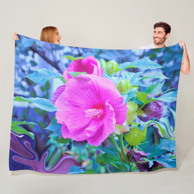 Elegant Rosa Hibiscus Flower med Aqua Foliage Fleecefilt (På plats)