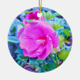 Elegant Rosa Hibiscus Flower med Aqua Foliage Julgransprydnad Keramik