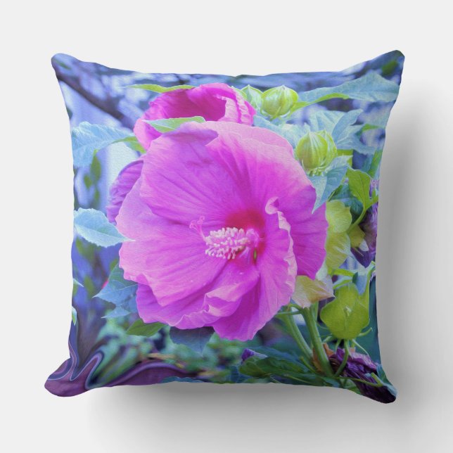 Elegant Rosa Hibiscus Flower med Aqua Foliage Kudde (Framsida)