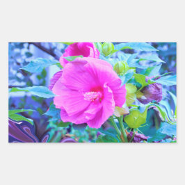 Elegant Rosa Hibiscus Flower med Aqua Foliage Rektangulärt Klistermärke