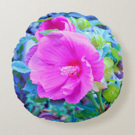 Elegant Rosa Hibiscus Flower med Aqua Foliage Rund Kudde