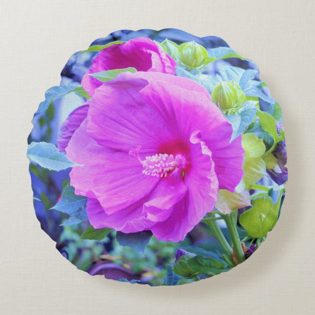 Elegant Rosa Hibiscus Flower med Aqua Foliage Rund Kudde (Framsidan)