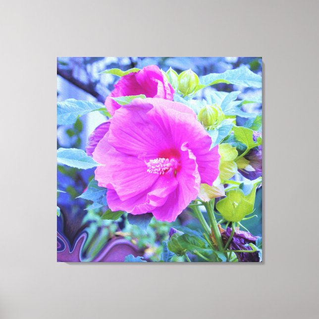 Elegant Rosa Hibiscus med Vågigt Blå blomma Canvastryck (Framsida)