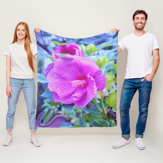 Elegant Rosa Hibiscus med Vågigt Blå blomma Fleecefilt (På plats)