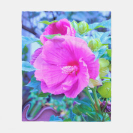 Elegant Rosa Hibiscus med Vågigt Blå blomma Fleecefilt