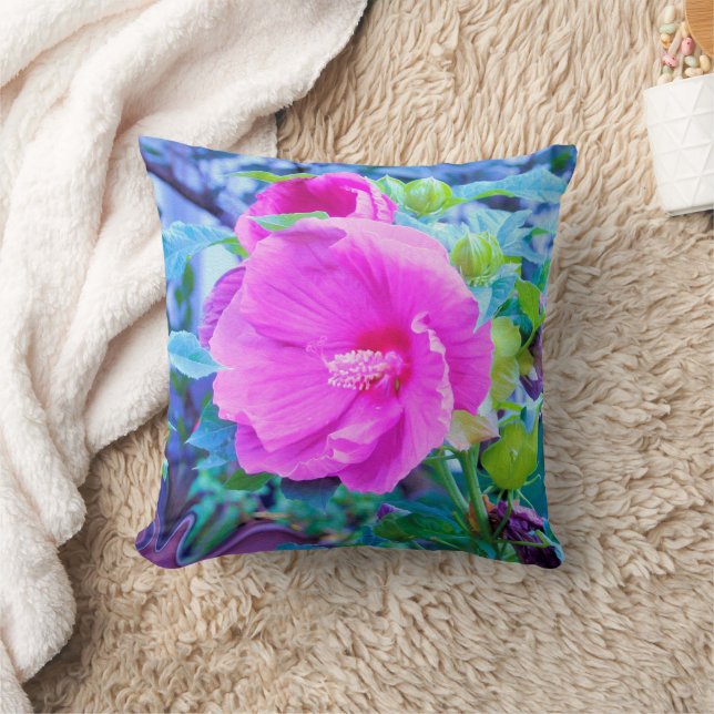 Elegant Rosa Hibiscus med Vågigt Blå blomma Kudde (Filt)