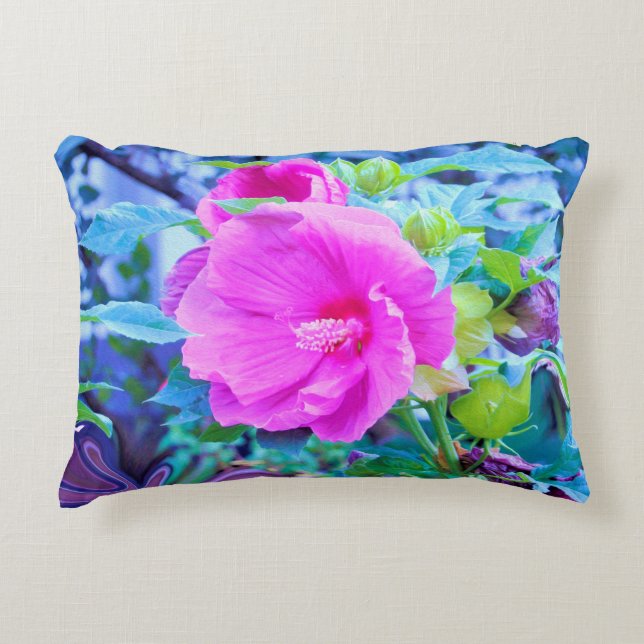 Elegant Rosa Hibiscus med Vågigt Blå blomma Prydnadskudde (Framsidan)