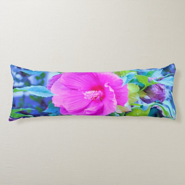 Elegant rosa hibiskus med vågiga blå blad kroppskudde (Framsidan)