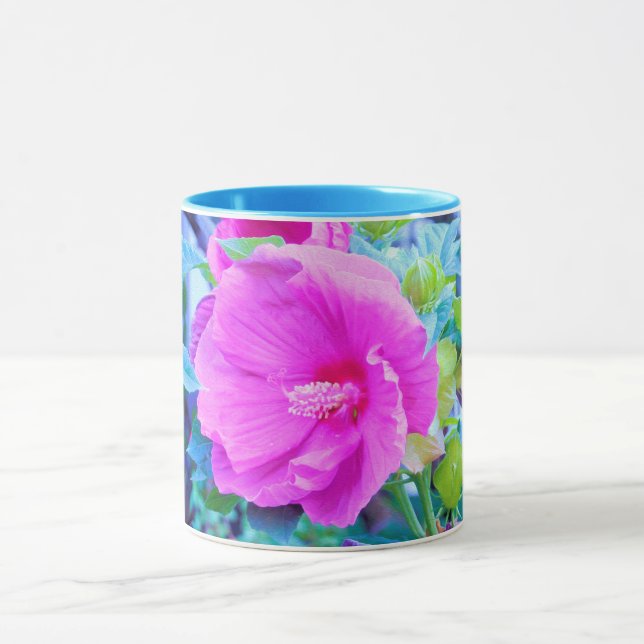 Elegant rosa hibiskusblomma med akvafärgad bladver mugg (Center)