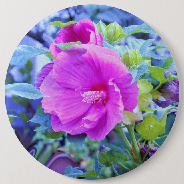 Elegant rosa hibiskusblomma med akvagrönt lövverk knapp (Framsida)