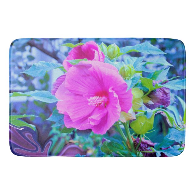 Elegant rosa hibiskusblomma med akvatisk lövverk badrumsmatta (Framsidan)