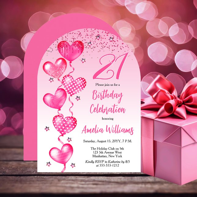 Elegant Rosa Hjärtballonger 21:a födelsedag Party Inbjudningar (Elegant Pink Heart Balloons 21st Birthday Party Arched Invitation)