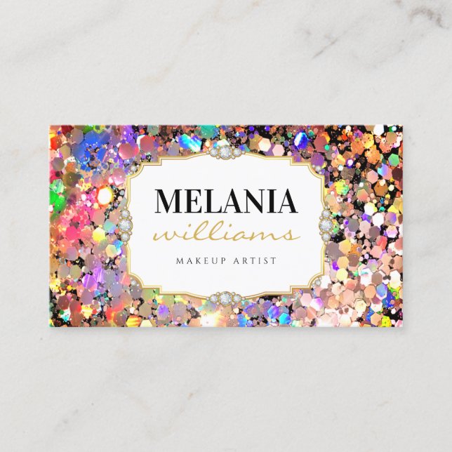 Elegant rosa holografisk glitter sminkartist visitkort (Framsida)