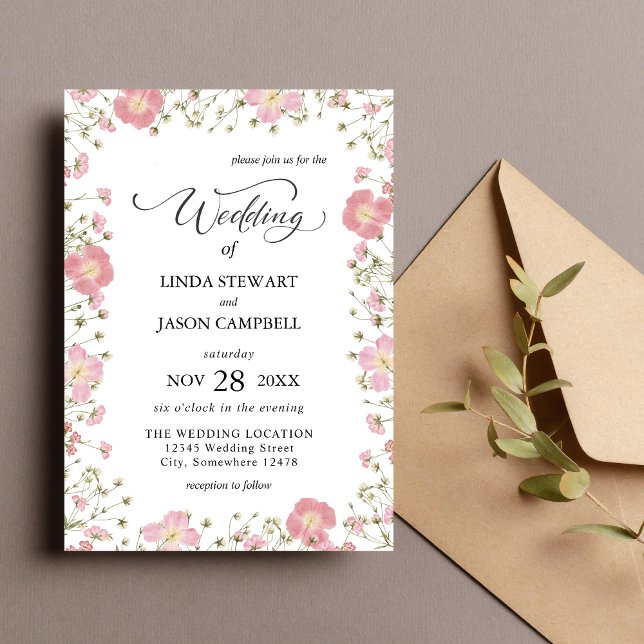 Elegant Rosa Höstblomma Watercolor Bröllop Inbjudningar (Elegant pink autumn floral watercolor invitation adds romantic warmth to your wedding day)