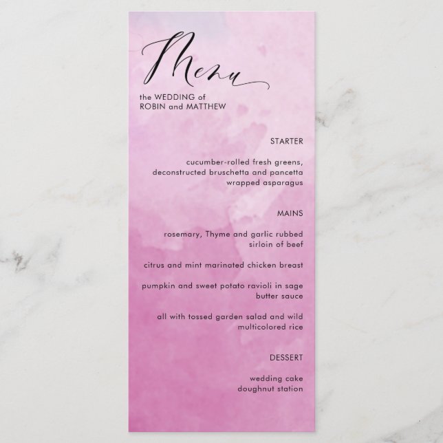 Elegant Rosa Hues Watercolor Bröllop Menu Meny (Framsida)