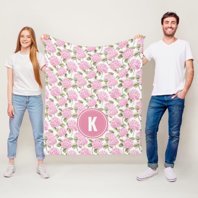 Elegant Rosa Hydrangea Blommönster Monogram Fleecefilt (På plats)