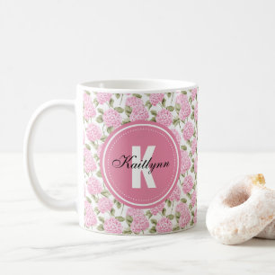 Elegant Rosa Hydrangea Blommönster Monogram Kaffemugg