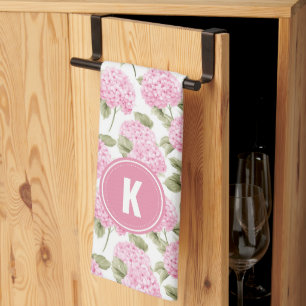 Elegant Rosa Hydrangea Blommönster Monogram Kökshandduk