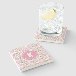 Elegant Rosa Hydrangea Blommönster Monogram Stenunderlägg