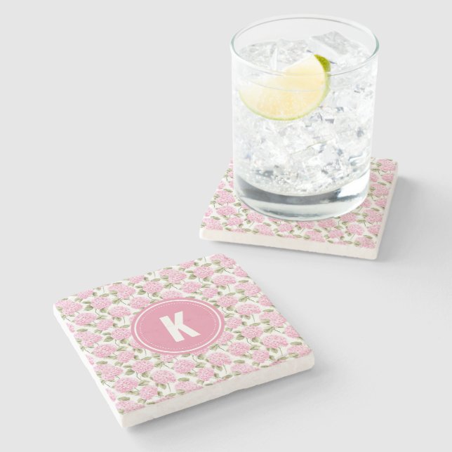 Elegant Rosa Hydrangea Blommönster Monogram Stenunderlägg (Sidan)