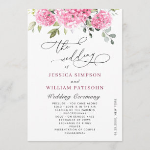 Elegant Rosa Hydrangea Boho Bröllop Ceremony Program