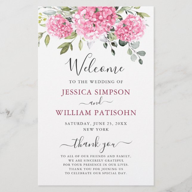 Elegant Rosa Hydrangea Bröllop Ceremony-programmet (Framsida)