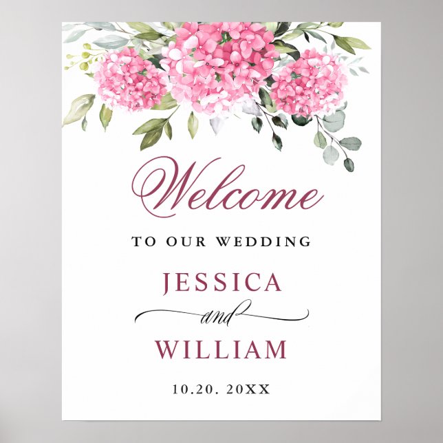 Elegant Rosa Hydrangea Eucalyptus Bröllop Välkomme Poster (Framsidan)