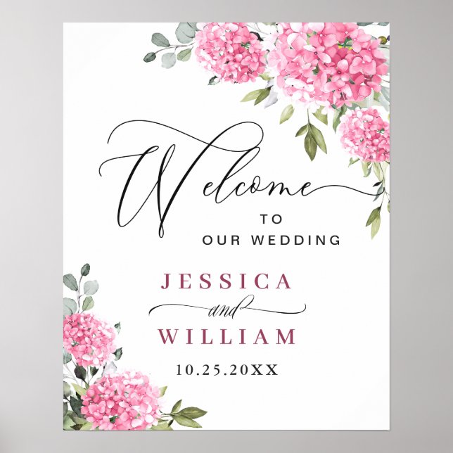 Elegant Rosa Hydrangea Eucalyptus Bröllop Välkomme Poster (Framsidan)