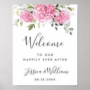 Elegant Rosa Hydrangea Eucalyptus Bröllop Välkomme Poster