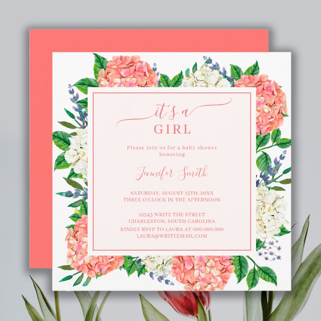 Elegant Rosa Hydrangea It's A Girl Baby Shower Inbjudningar (Skapare uppladdad)