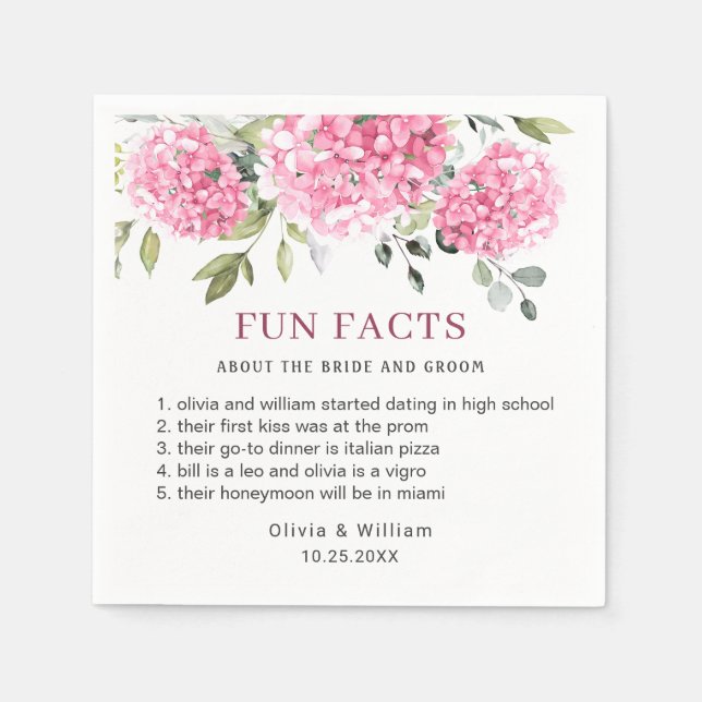 Elegant Rosa  Hydrangea Roligt Facts Bröllop Pappersservett (Framsidan)