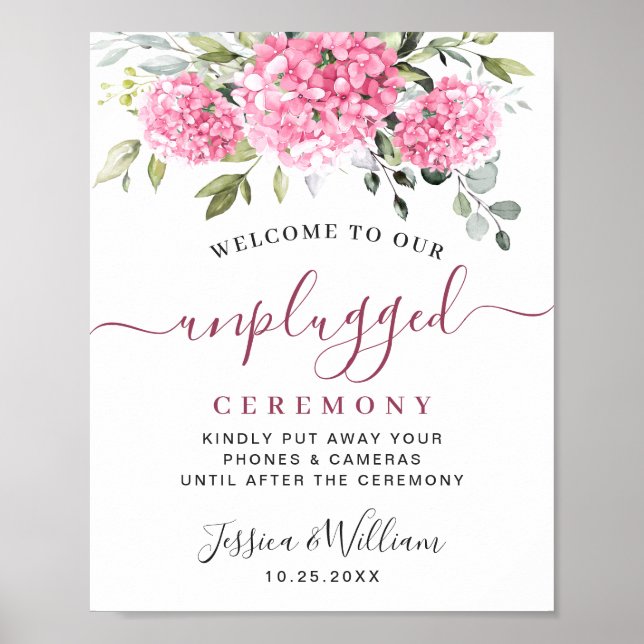 Elegant Rosa Hydrangea Unplugged Bröllop Ceremony Poster (Framsidan)