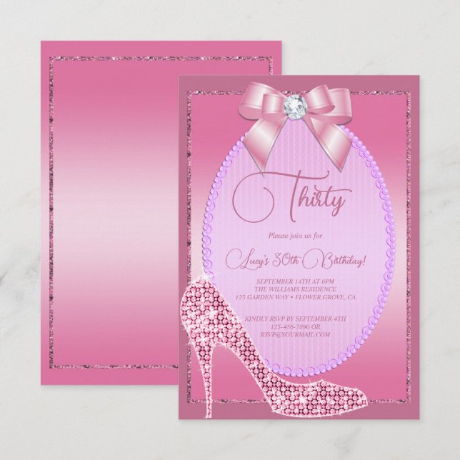 Elegant Rosa Jewel Bow & Stiletto Birthday Inbjudningar (Fram/baksida)