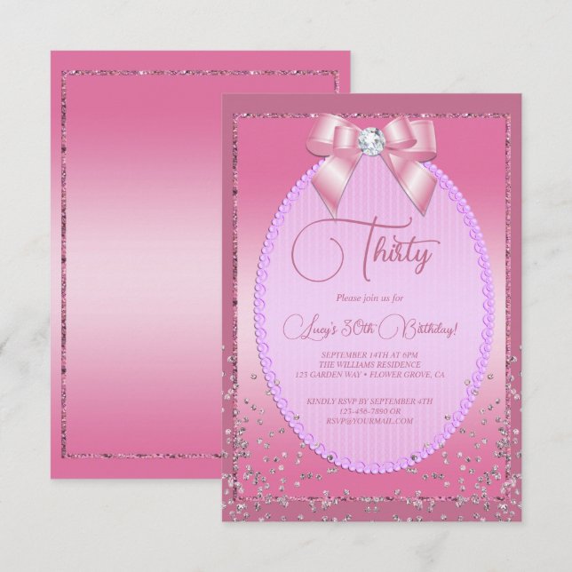 Elegant Rosa Jewel Diamond Bow & Confetti Birthday Inbjudningar (Fram/baksida)