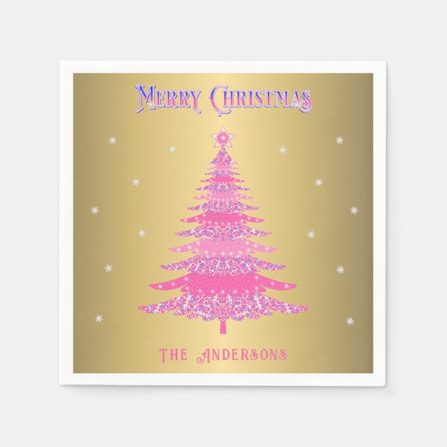 Elegant Rosa Julgran Anpassat namn Guldfolie Pappersservett (Framsidan)