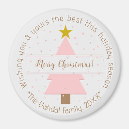 Elegant Rosa Julgran & Golden Star Snowy Magnet