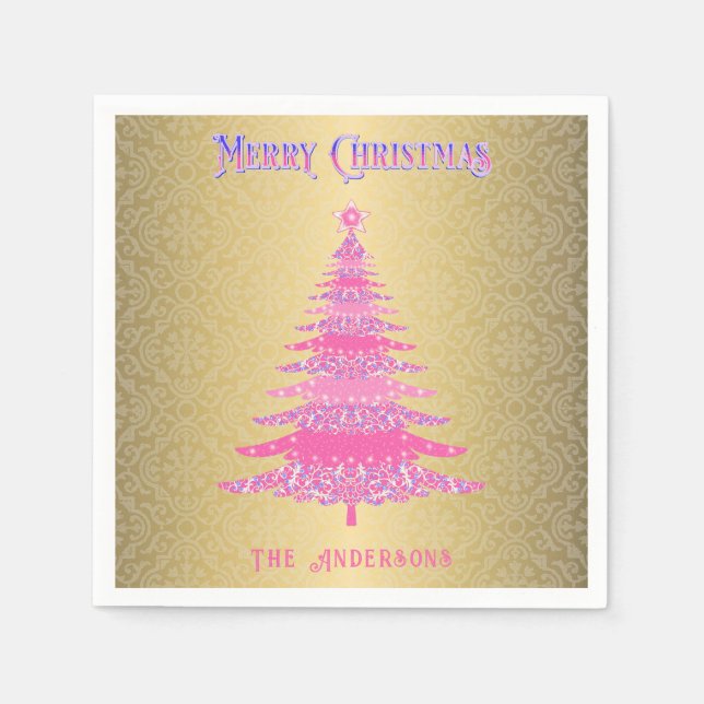 Elegant Rosa Julgran Guld Namn Ornament Pappersservett (Framsidan)