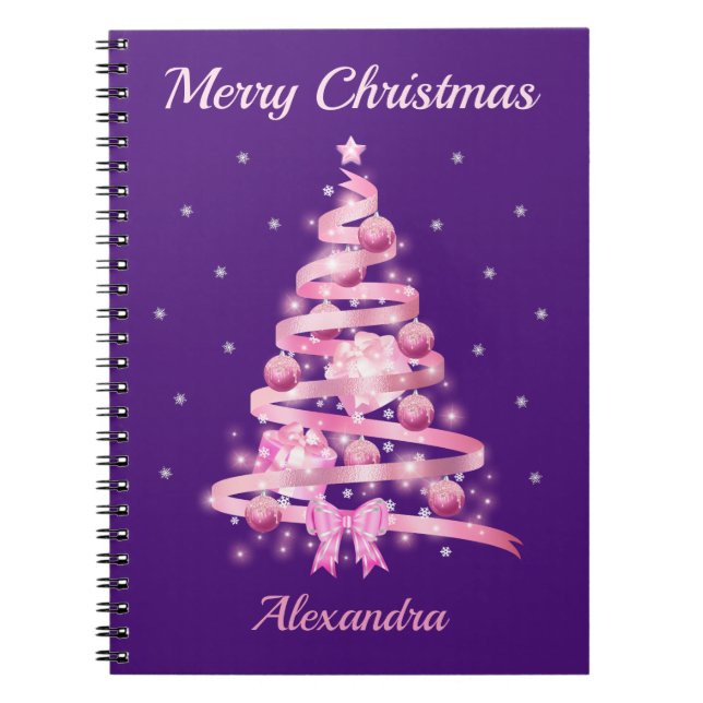 Elegant Rosa Julgran Namn Anpassningsbar Anteckningsbok (Framsidan)