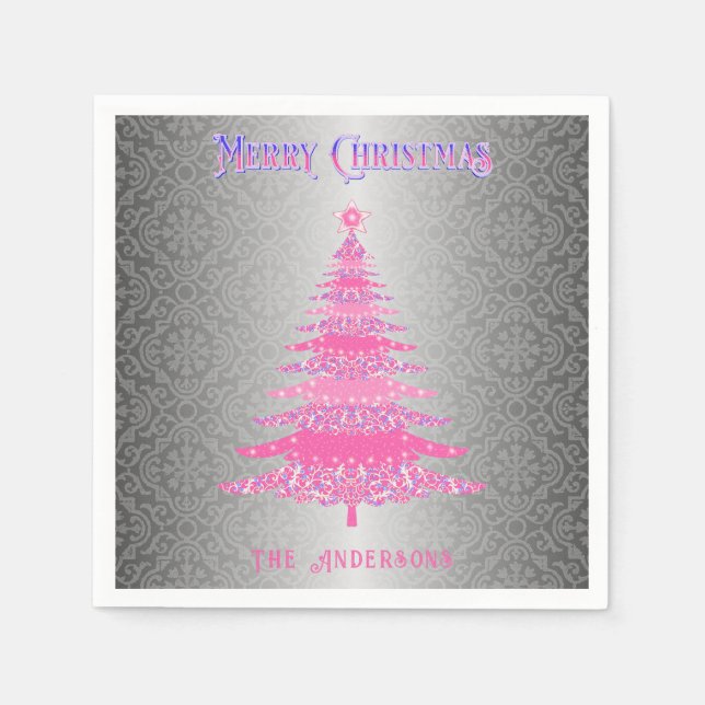 Elegant Rosa Julgran Silver Namn Ornament Pappersservett (Framsidan)