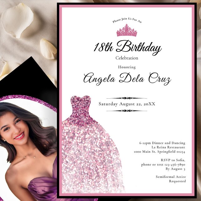 Elegant rosa klänning 18-årsdebut inbjudningar (Skapare uppladdad)