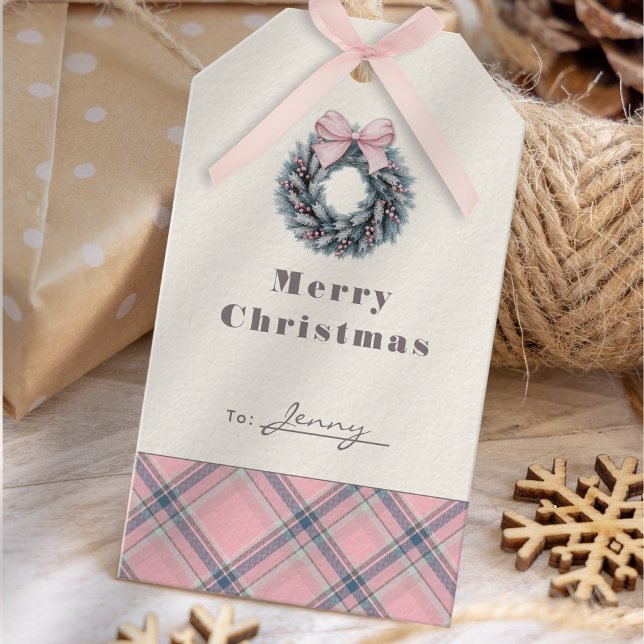 Elegant rosa kokett julkrans Preppy Plaid Presentetikett (Elegant Pink Coquette Xmas Wreath Preppy Plaid Gift Tags )