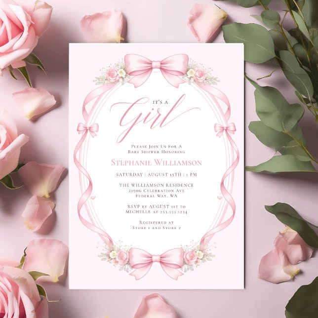 Elegant Rosa Kokett Slöja Blommig Bebis-badkar Inbjudningar (Elegant Pink Coquette Bow Floral Baby Shower Invitation)