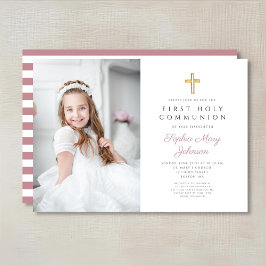 Elegant Rosa Kor Girl First Communion Photo Inbjudningar
